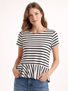 J. Crew Black White Striped Peplum Top Short Sleeve Nautical Size Small